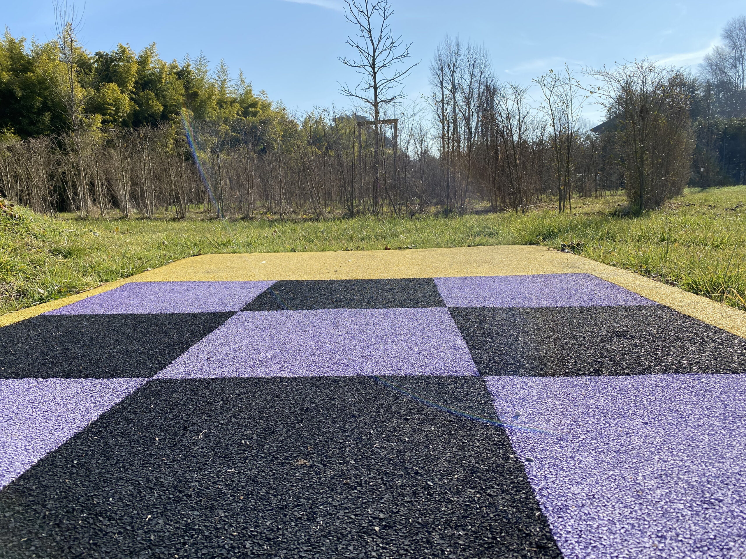 schema a terra per giocare a tris su quadrati alternati neri e viola.